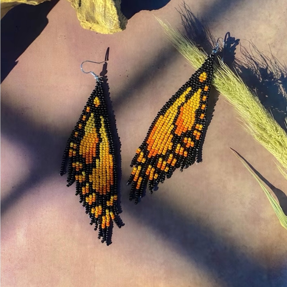 Monarch Butterfly Wing Beaded Fringe Earrings Boho Whimsigoth Statement Dangles - Picture 4 of 4
